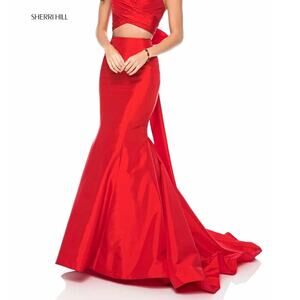 Sherri Hill Solid Red Taffeta High Waist Mermaid Train Formal Prom Skirt Dress